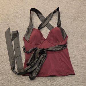 AdoreMe, 34C || Burgundy & Black Faux Leather Corset w/ Adjustable Straps